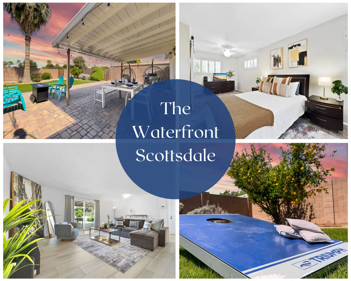 The image showcases a beautiful Scottsdale single-family home with a stylish outdoor seating area perfect for relaxing, a glimpse into a cozy bedroom with neutral tones, a modern and welcoming living room, and a backyard set up for cornhole games, all bathed in warm sunset light. The scene suggests comfort, fun, and relaxation in a prime location close to Old Town's attractions.